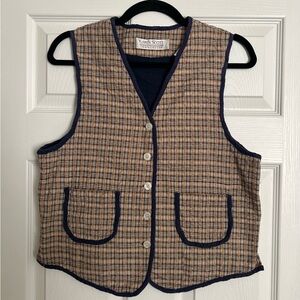 Vintage Karen Scott Navy Yellow Plaid 100% Cotton Vest Sz M Cottagecore Folk